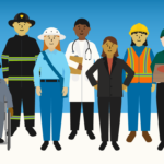 Graphic of people in various occupations such as chef, police officer, construction worker, mailman, delivery service, firefighter, doctor, businessperson, farmer, etc.